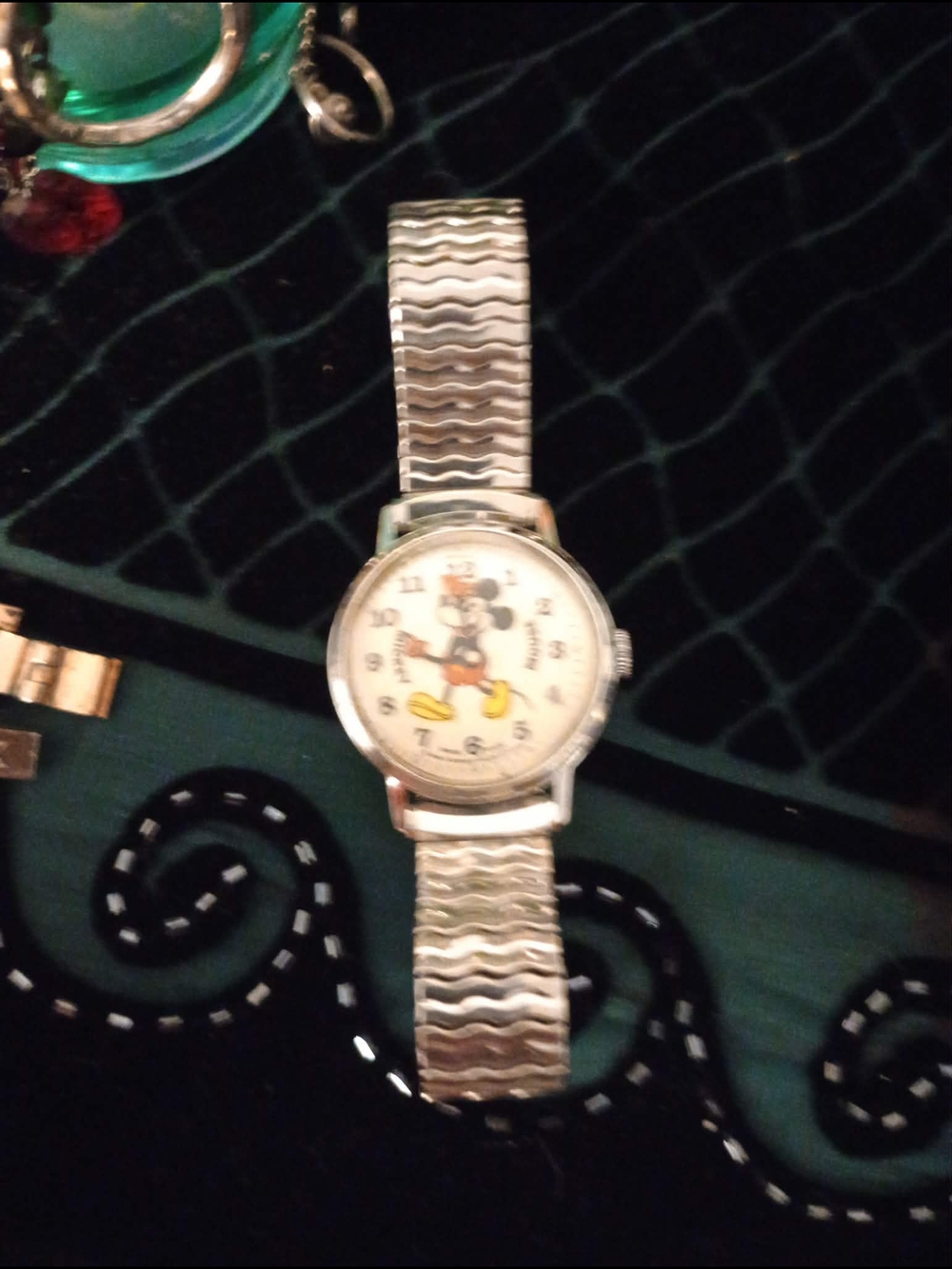 Silver Women's Watch with Playful Mickey Mouse Dial in Yellow and Red Accents